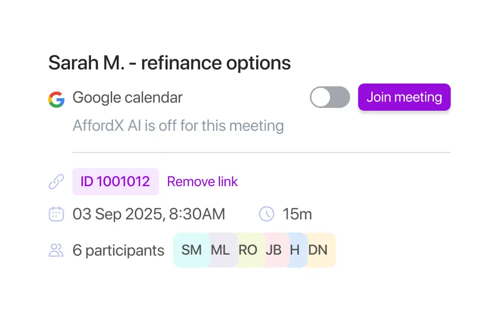 The AffordX meetings dashboard showing recorded client meetings with generated notes